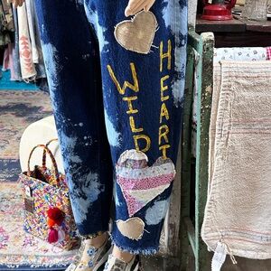 Women Handmade Reworked Upcycled Painted Vintage Quilt Barrel Ballon Denim Jean